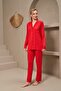 25167 Women's Collared Buttoned Long Sleeve Red Pajama Set - 3
