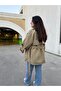 Short Double-Breasted Collar Windbreaker Detailed Belted Trench Coat Khaki - 6