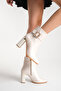 Women's Ecru Leather, 9.5 cm Heels, Square Toe, Stylish Boot Model with Stone Buckle Accessories. - 2