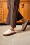 Beige High-Sole Gondola Women's House Slippers with Fur Inside and Stripes - 2