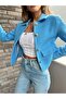 Women's Gold Buttoned Blazer Blue Tweed Jacket - 4