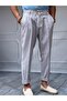 Men's Blue Linen Fabric Stripe Detailed Trousers - 7