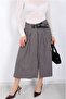 High Waist Half Belt Detailed Gipeli Front Openable Hidden Buttoned Slit Below Knee Plaid Skirt - 6
