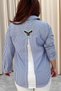 Women's Lace and Butterfly Patterned 100% Cotton Shirt - Blue - 2