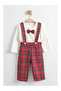 Baby Boy New Year Outfit Red Checkered Suspender Pants and Bodysuit Set - 2