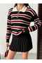 Women's Black Striped Polo Neck Sweater Skirt Two-Piece Knitwear Set