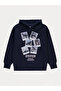 Navy Blue Polaroid Graphic Slogan Hooded Sweatshirt