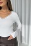 Lace Detail V-Neck Women's Blouse - White - 4