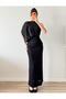 Black High Neck One Shoulder Flowy Glitter Dress