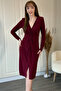 Burgundy V-Neck Midi Slit Dress with Knotted Front - 5