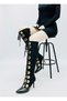 Black Suede Heeled Boots with Gold Ring Detail 10Cm-Feli̇sya Buti̇k