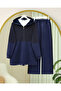 Half Zipper, Glitter Detailed Hooded Three Thread Set - Navy