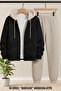 Unisex Beige Hooded Black Cardigan (Beige Tracksuit) Set Zippered Elastic 3 Thread Winter