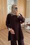 Mercerized Modest Set with Tulle Sleeves - Brown - 2