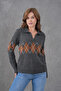 Women's Polo Neck Patterned Half Placket Knitwear Sweater 8597Sw - 5