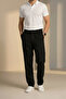 Double Pleated Black Half Elastic Waist Quality Linen Look Baggy Trousers - 4