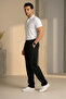 Double Pleated Black Half Elastic Waist Quality Linen Look Baggy Trousers - 3