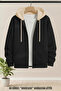 Unisex Beige Hooded Black Cardigan 3 Thread Winter Zippered Jacket 100% Cotton