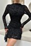Patterned Tulle Draped Dress Black - 3
