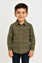 Olive Horizon: Boys’ Striped Long-Sleeve Button-Down with Contrast Pocket Shirt