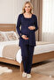 Women's Navy Blue Lace Buttoned Special Design 100% Cotton Maternity Postpartum Pajama Set - 5