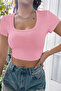 Women's Pink Half Sleeve Straight Collar Crop Top Blouse - 3
