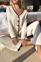 Women's White Knitted Fabric V-Neck Buttoned Comfortable Stylish Pajama Set - 3