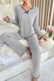 Women's Gray Striped Long Sleeve Bow Detailed Pajama Set Comfortable Transitional - 5