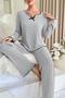Women's Gray Striped Long Sleeve Bow Detailed Pajama Set Comfortable Transitional - 2