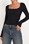 Women’s Black Square-Neck Lace Long Sleeve Cropped Top Blouse - 5