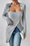 Women's Gray Button Detailed Square Neck Corded Fabric Long Sleeve Blouse with Asymmetric Hem - 4
