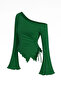 Women's Green Long Spanish Sleeve Asymmetrical Neckline Side Tie Draped Blouse - 3