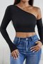 Women's Black Single Shoulder Detailed Long Sleeve Crop Top Blouse - 5