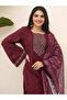 Women Wine Cotton Kurta with Pants and Dupatta Set - 4