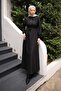Black Belted Sleeve Elasticated Corded Fabric Dress