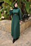 Emerald Green Chain Belted Corded Fabric Long Dress