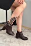 Women's Hana Brown Stone Buckle (6 cm) Heeled Oval Toe Boots - 5