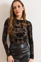 Women's Black Velvet Flock Printed Transparent Blouse Blz-19003188 - 6