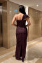 Sequin Fabric Shawl Detail Evening Dress - AUBERGINE - 5