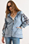 Women's Light Blue Hooded Oversize Denim Jacket with Pockets and Sequins on Back and Sleeves CKT-19000504 - 3