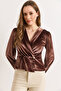 Women's Brown Velvet Single Button Detailed Cardigan Blouse Blz-19003185 - 4