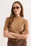 Women's Tan Mock Neck Thick Corded Fabric Short Sleeve Knitwear Blouse Blz-19003184