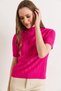 Women's Fuchsia Mock Neck Thick Corded Fabric Short Sleeve Knitwear Blouse Blz-19003184