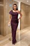 Sequin Fabric Shawl Detail Evening Dress - AUBERGINE