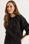Women's Black Stone Detailed Fleece-Lined Thick Sweatshirt Swt-19000792 - 4