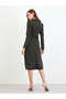 Olive Green Long Sleeve A-Line Midi Dress - 4
