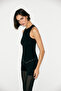 Fever Women's Round Neck Hem Asymmetrical Stitching Stone Detailed Stretchy Black Blouse - 5