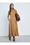 Beige High Neck Long Sleeve A-Line Midi Dress - 2
