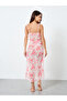Floral Printed Flower Decoration Shoulder Straps Split Hem Sheer Babydoll - 4