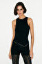 Fever Women's Round Neck Hem Asymmetrical Stitching Stone Detailed Stretchy Black Blouse